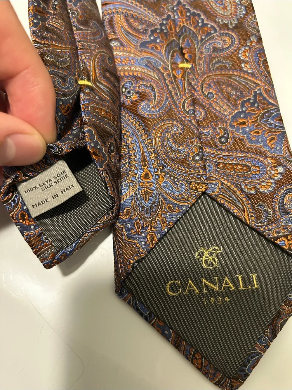 Canali Brown and Blue Paisley Silk Tie with Orange Accents